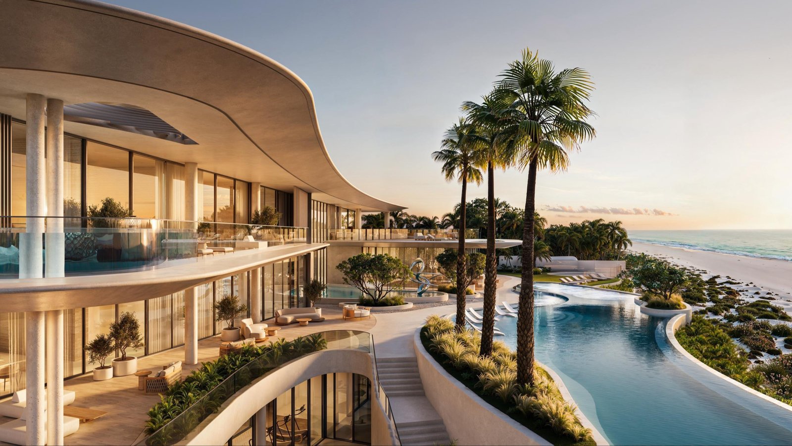 Spacious open plan living room inside a Faya Al Saadiyat, with floor-to-ceiling windows and premium finishes
